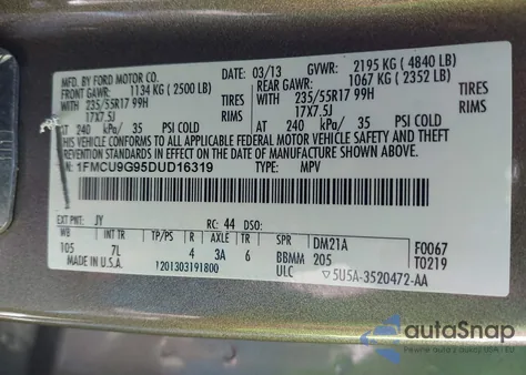 2013 Ford Escape Se from USA, damaged, VIN 1FMCU9G95DUD16319